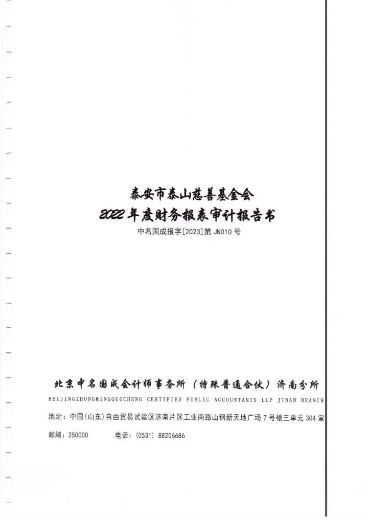 泰山慈善基金会2022年度财务报表审计报告